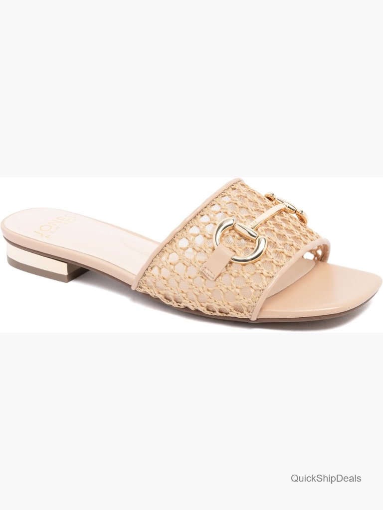 Woven Raffia Slide Sandal With Buckle Low Block Heel Mule